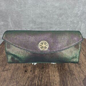 Tory Burch Austin Flap Clutch Bag Green Purple Iridescent Metallic Galaxy Cyber